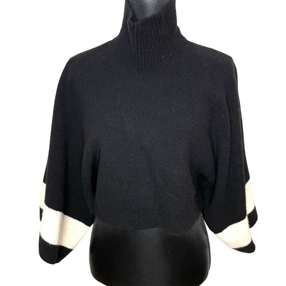 Alpha Studio Wool Sweater Cashmere Blend Mock Neck Crop Black White Size Small - Picture 1 of 8